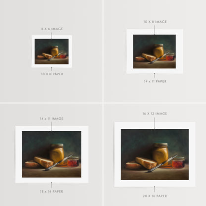 Pre-PB&J Fine Art Print by Lauren Pretorius: a still life with a sandwich, a jar of peanut butter, and a knife on a table against a dark background.