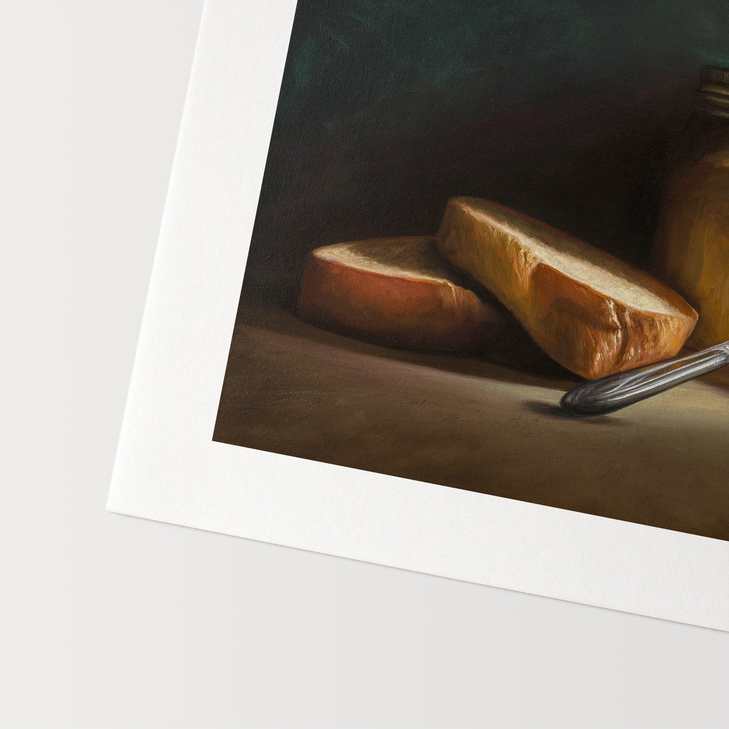 Pre-PB&J Fine Art Print by Lauren Pretorius: a still life with a sandwich, a jar of peanut butter, and a knife on a table against a dark background.