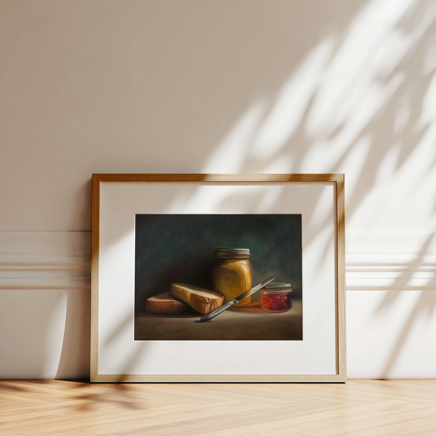 Pre-PB&J Fine Art Print by Lauren Pretorius: a still life with a sandwich, a jar of peanut butter, and a knife on a table against a dark background.