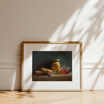 Pre-PB&J Fine Art Print by Lauren Pretorius: a still life with a sandwich, a jar of peanut butter, and a knife on a table against a dark background.