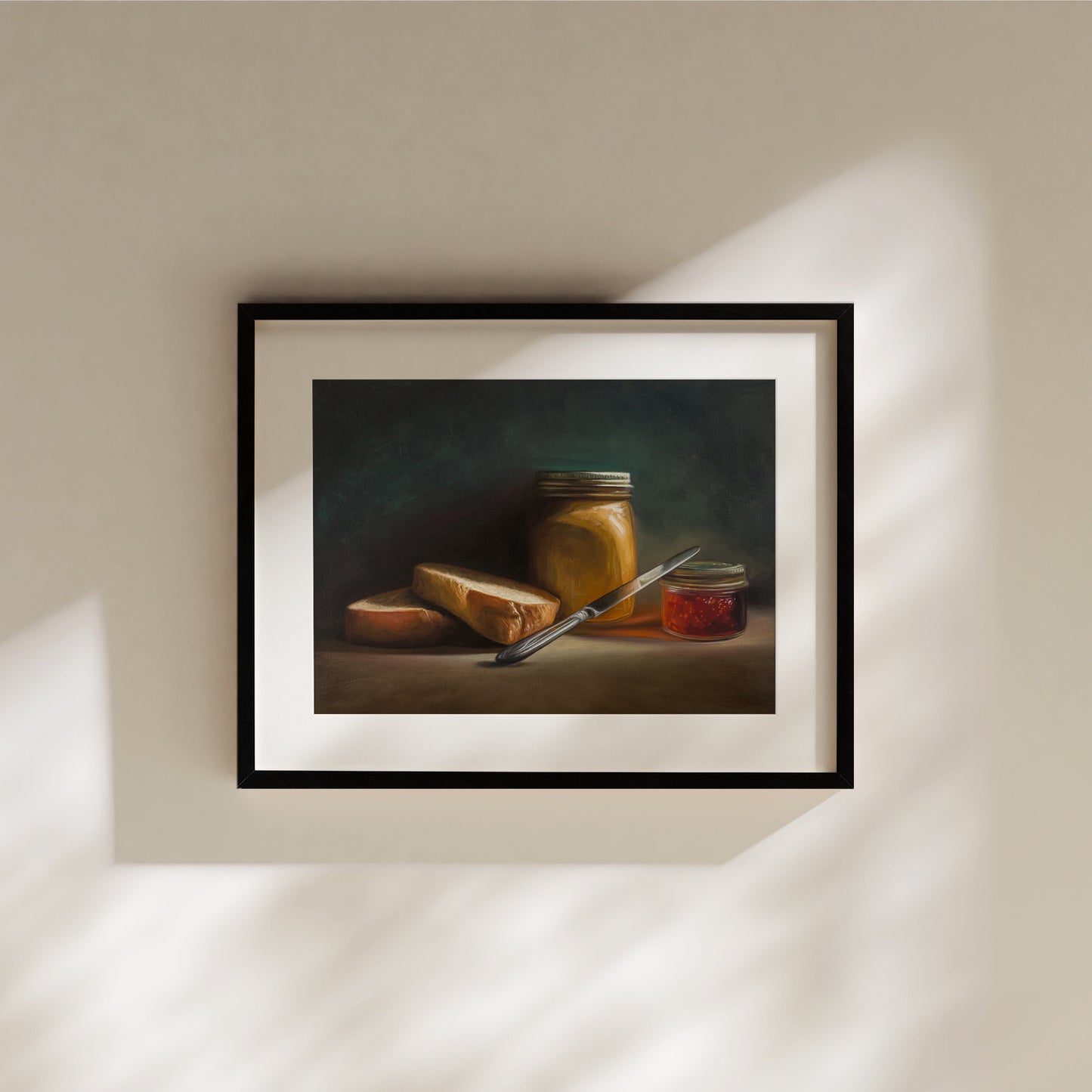 Pre-PB&J Fine Art Print by Lauren Pretorius: a still life with a sandwich, a jar of peanut butter, and a knife on a table against a dark background.