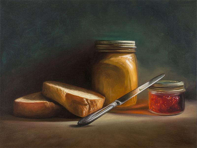 Pre-PB&J Fine Art Print by Lauren Pretorius: a still life with a sandwich, a jar of peanut butter, and a knife on a table against a dark background.