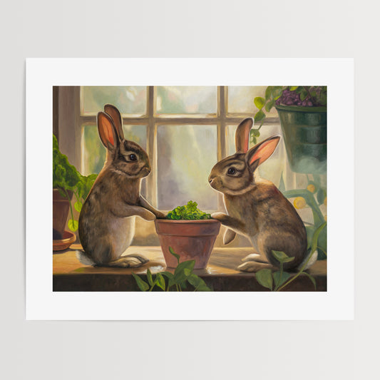 Rabbits & Four Leaf Clovers Fine Art Print by Lauren Pretorius: two rabbits interacting with a potted plant indoors.