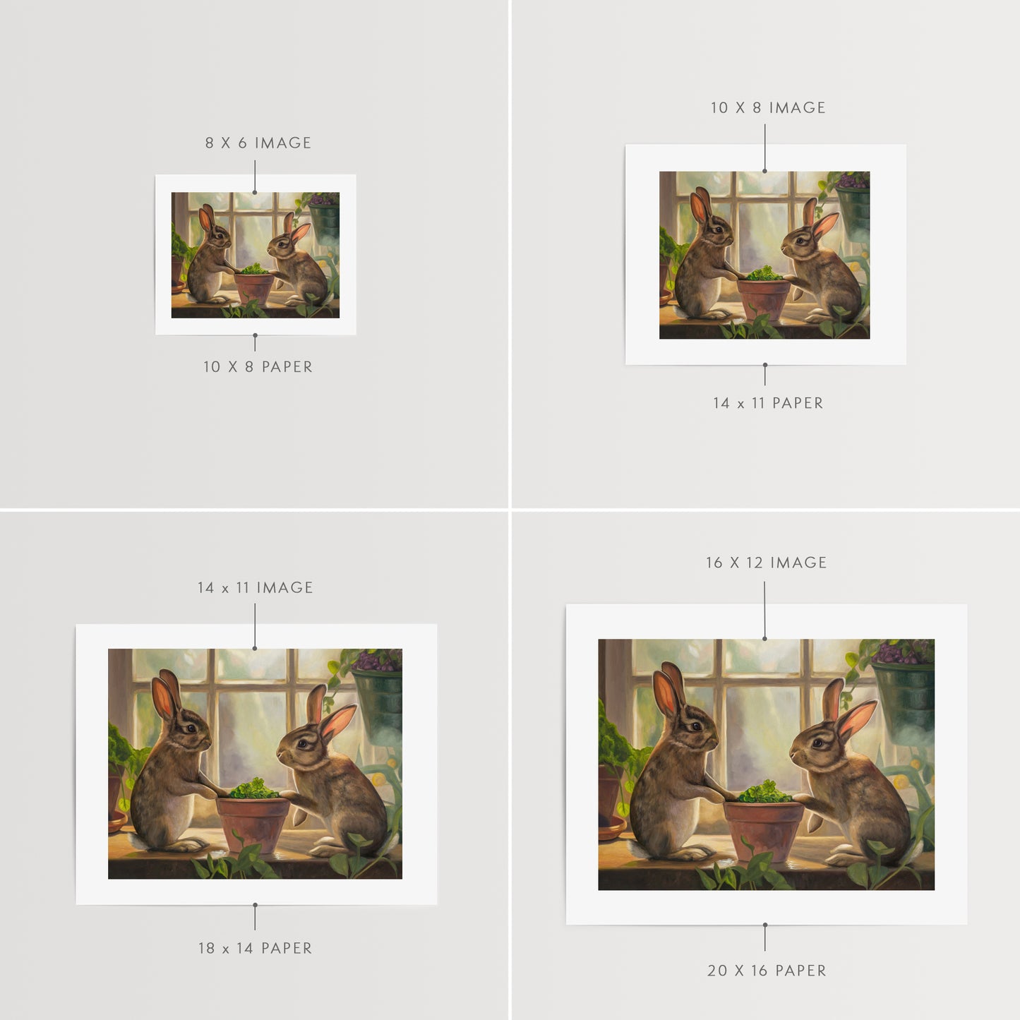 Rabbits & Four Leaf Clovers Fine Art Print by Lauren Pretorius: two rabbits interacting with a potted plant indoors.