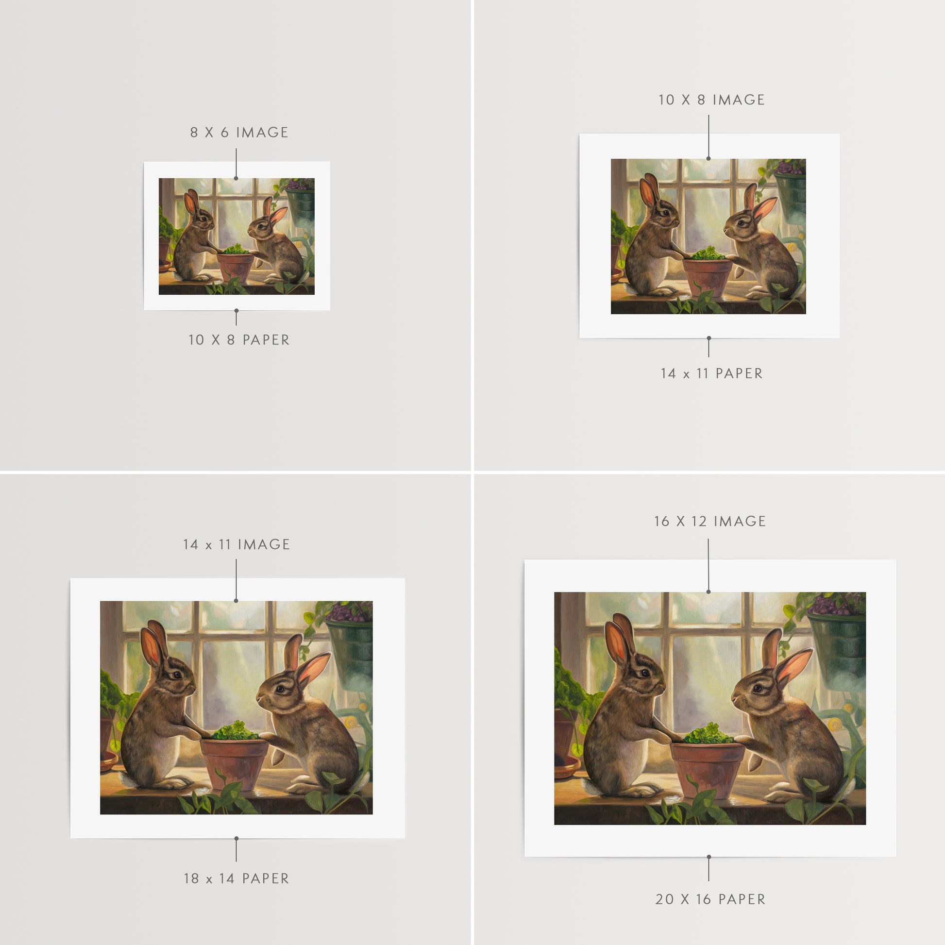 Rabbits & Four Leaf Clovers Fine Art Print by Lauren Pretorius: two rabbits interacting with a potted plant indoors.