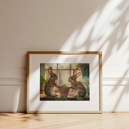 Rabbits & Four Leaf Clovers Fine Art Print by Lauren Pretorius: two rabbits interacting with a potted plant indoors.