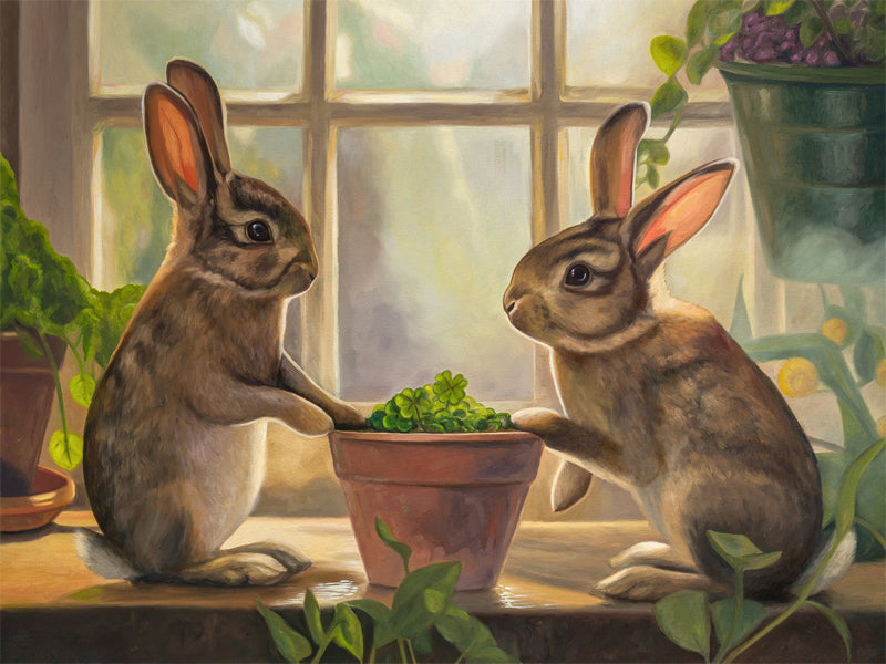 Rabbits & Four Leaf Clovers Fine Art Print by Lauren Pretorius: two rabbits interacting with a potted plant indoors.