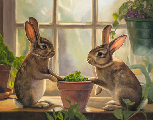 Two brown rabbits on a windowsill, one looking at the other, with a terracotta pot of four-leaf clovers between them.