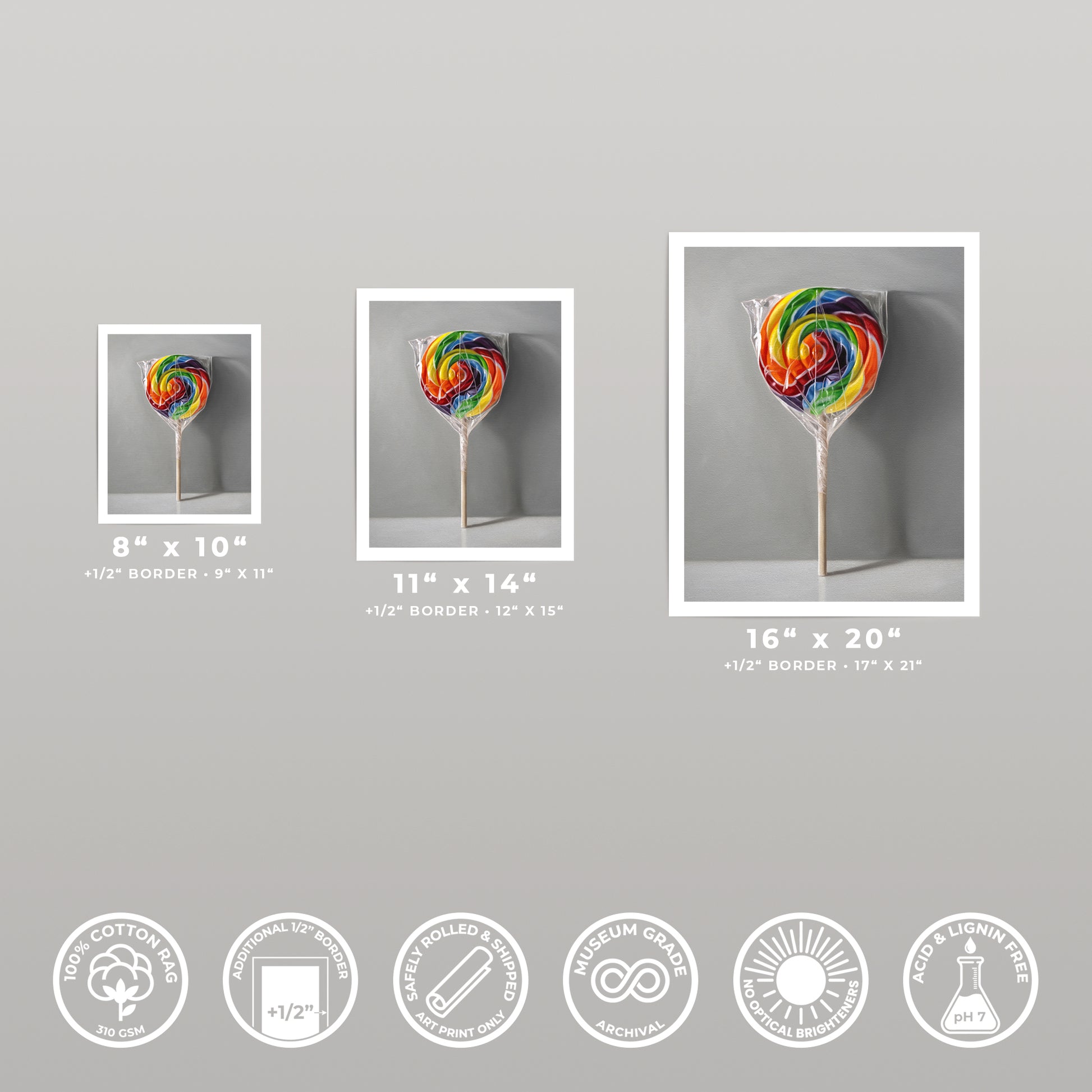 Vibrant rainbow swirl lollipop art print on museum-grade cotton rag paper, shown in 8x10, 11x14, and 16x20 sizes.