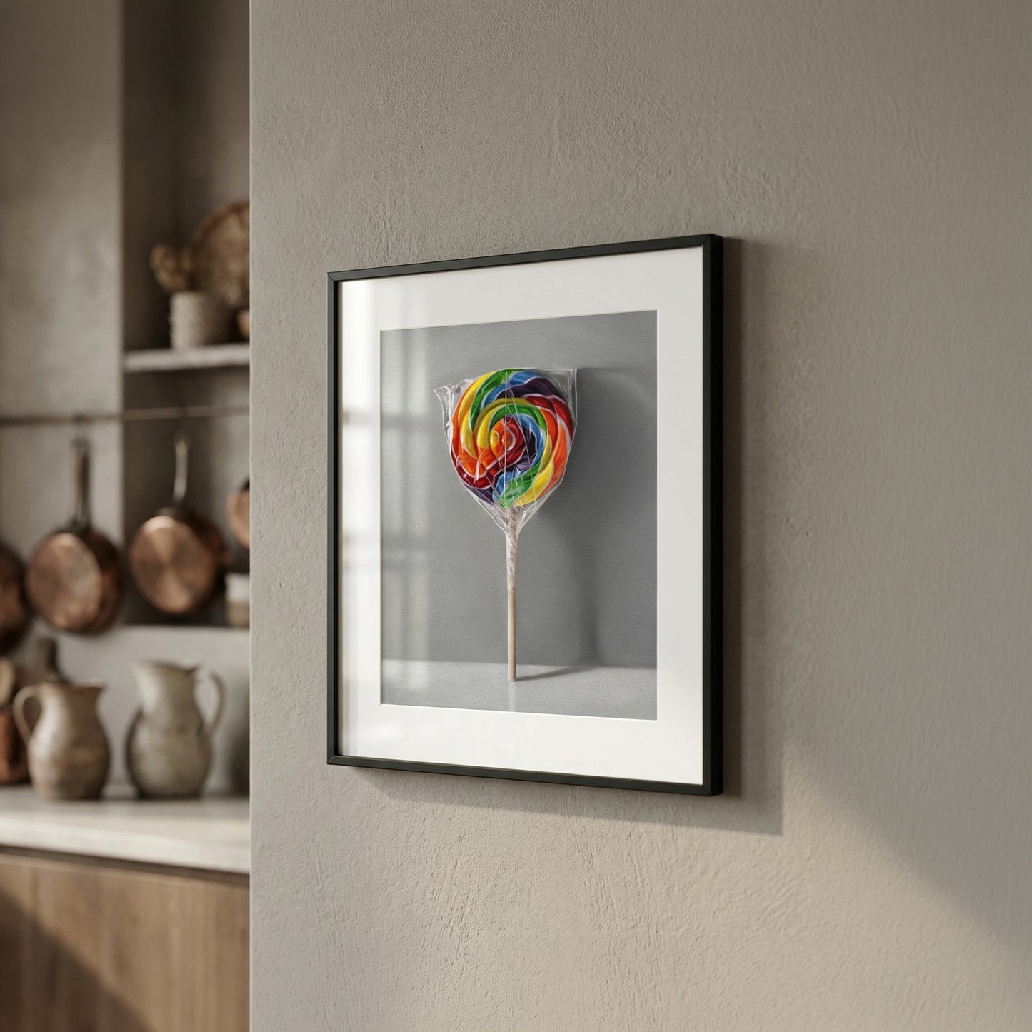 Framed fine art print of a vibrant rainbow swirl lollipop, displayed on a neutral wall in a modern kitchen.