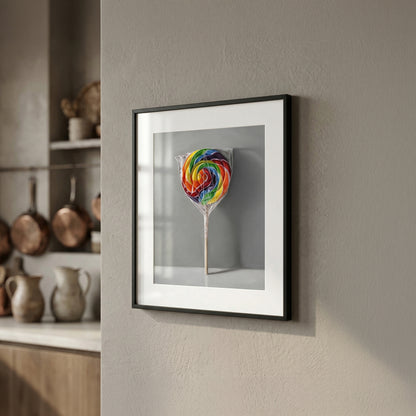Framed fine art print of a vibrant rainbow swirl lollipop, displayed on a neutral wall in a modern kitchen.