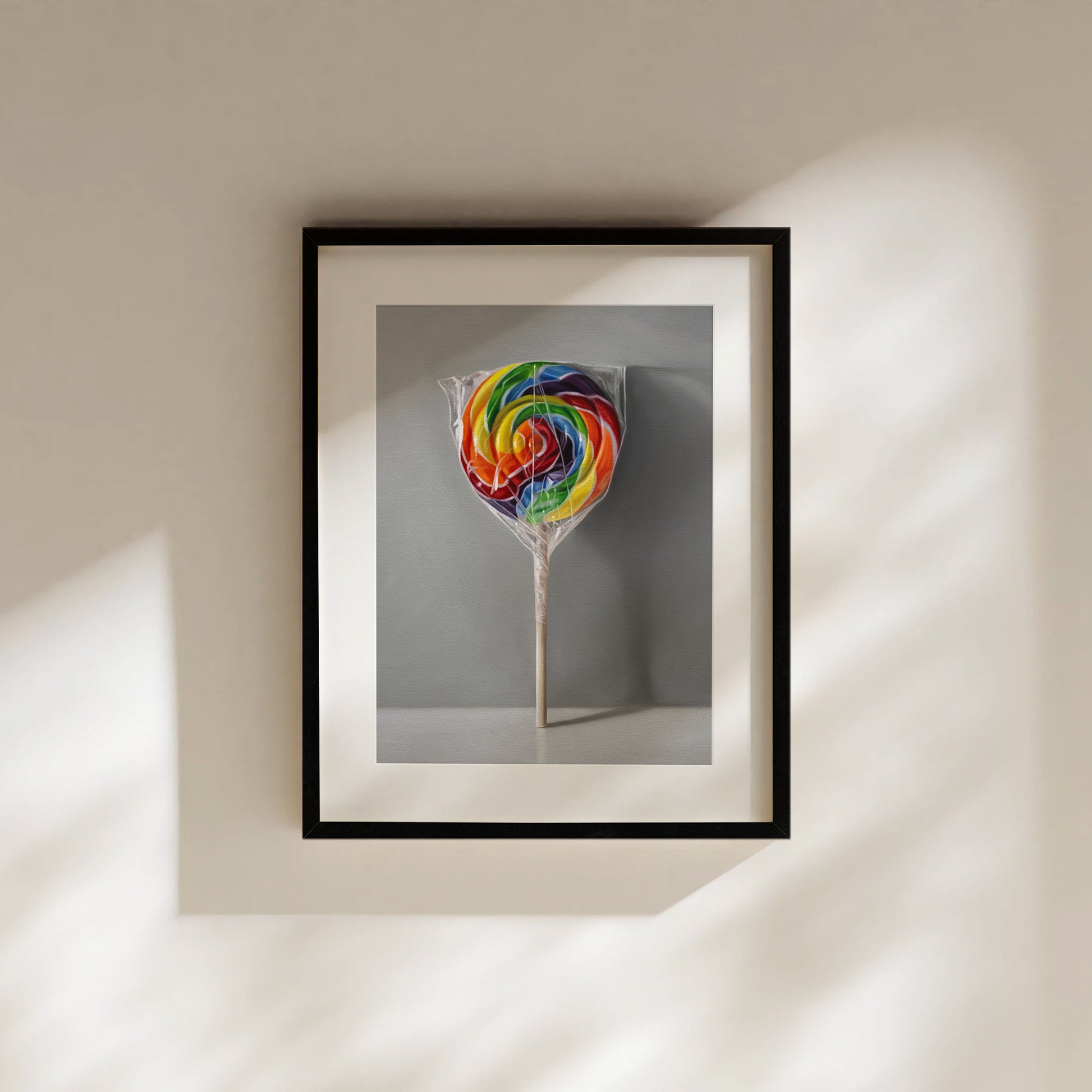 Framed fine art print of a vibrant rainbow swirl lollipop in clear plastic on a light gray background.