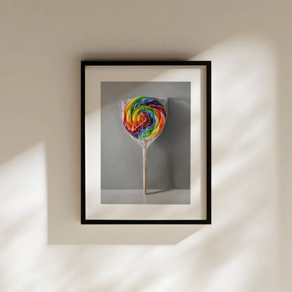 Framed fine art print of a vibrant rainbow swirl lollipop in clear plastic on a light gray background.