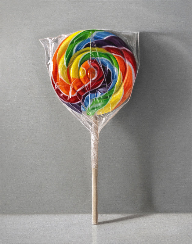 Vibrant rainbow swirl lollipop fine art print, wrapped in clear plastic with a wooden stick, on a gray background.