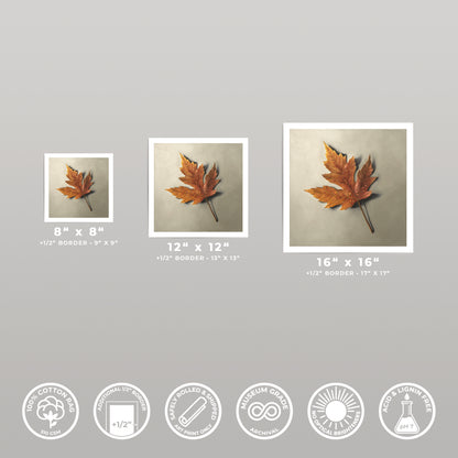 Three square art prints of a single orange maple leaf with raindrops, shown in 8x8, 12x12, and 16x16 sizes.