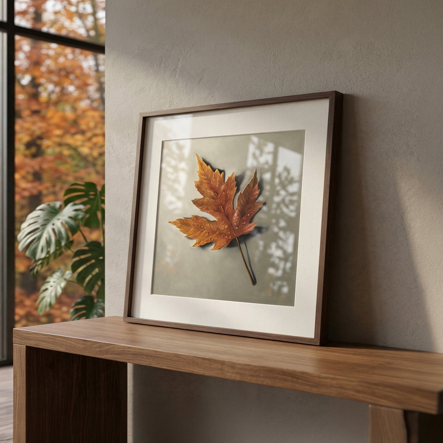 Framed fine art print of a single orange maple leaf with raindrops, set against a warm autumn window.