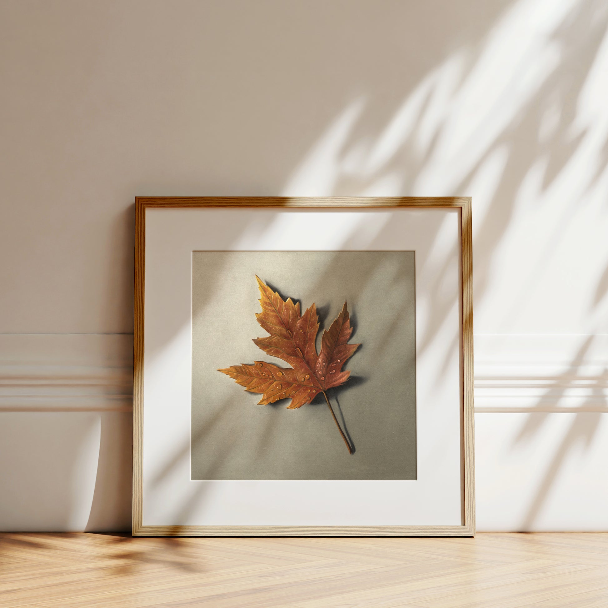 Framed fine art print of a single orange maple leaf with water droplets on a light background.
