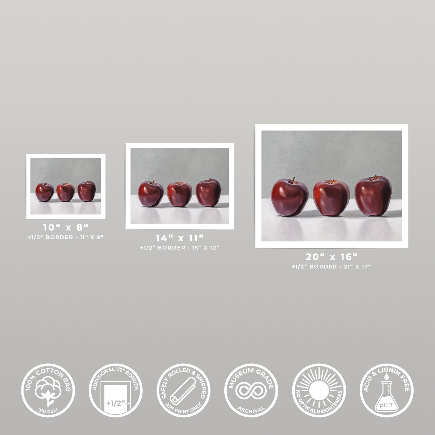 Three red apple fine art prints in 10x8, 14x11, and 20x16 sizes, with product feature icons.