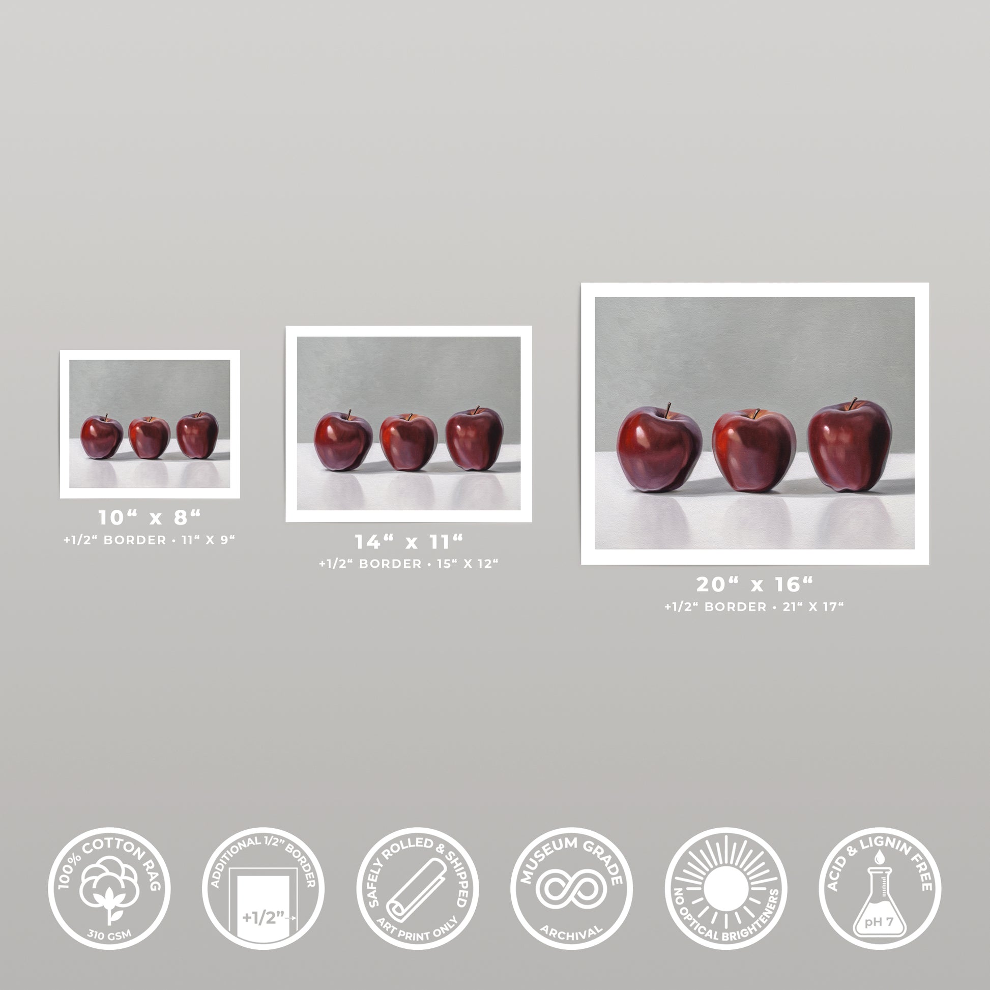 Three red apple fine art prints in 10x8, 14x11, and 20x16 sizes, with product feature icons.