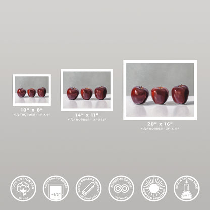 Three red apple fine art prints in 10x8, 14x11, and 20x16 sizes, with product feature icons.
