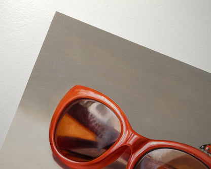 Red Ladies Trio 14" x 11" Original Oil Painting by Lauren Pretorius: red sunglasses with a reflective surface, two ladybugs on and around them against a neutral background.