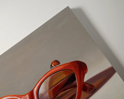Red Ladies Trio 14" x 11" Original Oil Painting by Lauren Pretorius: red sunglasses with a reflective surface, two ladybugs on and around them against a neutral background.