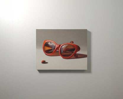 Red Ladies Trio 14" x 11" Original Oil Painting by Lauren Pretorius: red sunglasses with a reflective surface, two ladybugs on and around them against a neutral background.