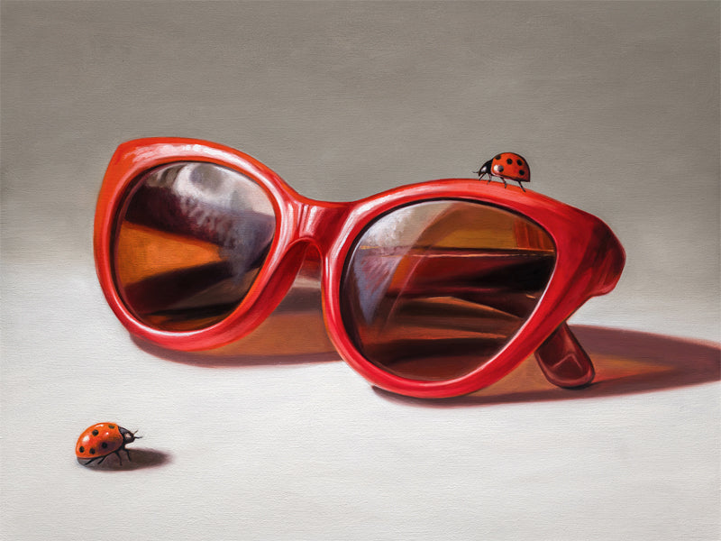 Red Ladies Trio 14" x 11" Original Oil Painting by Lauren Pretorius: red sunglasses with a reflective surface, two ladybugs on and around them against a neutral background.