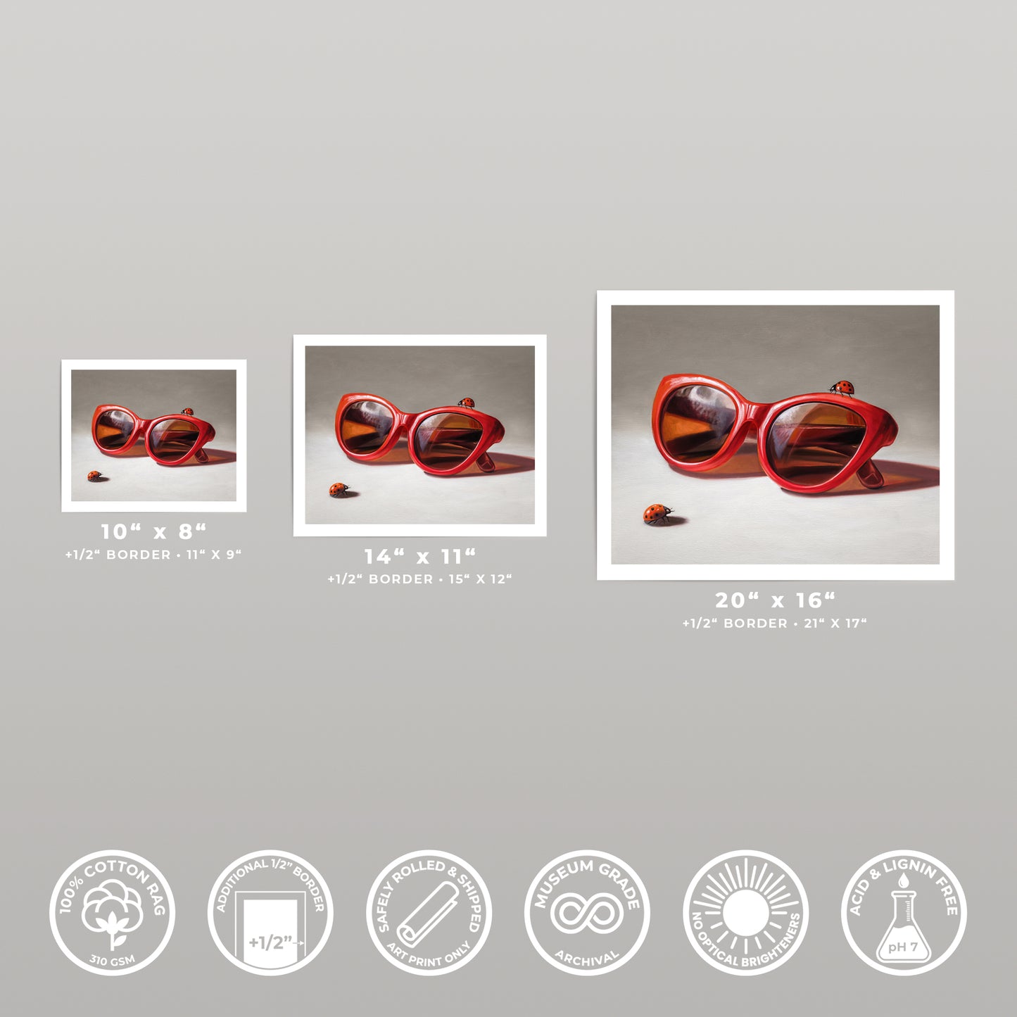 Three "Red Ladies Trio" art prints in varying sizes, featuring vibrant red sunglasses and ladybugs on museum-grade cotton rag paper.