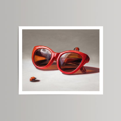 Vibrant red cat-eye sunglasses with reflective lenses and two ladybugs on a neutral background fine art print.