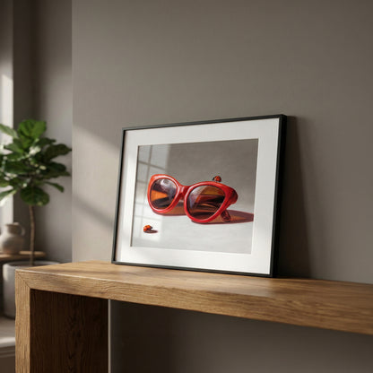 Framed fine art print "Red Ladies Trio" featuring vibrant red sunglasses and ladybugs on museum-grade paper.