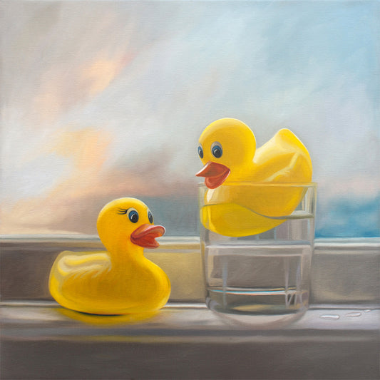 Rubber Ducky Pool Time Fine Art Print by Lauren Pretorius: a pair of yellow rubber duckies enjoying a swim in their pool, which in their case happens to be a glass of water!