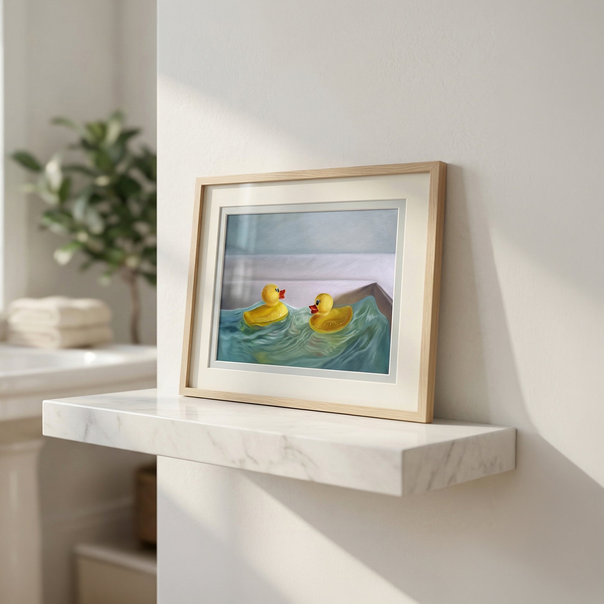 Framed art print of two yellow rubber ducks floating in blue water, displayed on a white marble shelf.