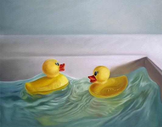 Two yellow rubber duckies floating on teal waves in a white bathtub, fine art print.
