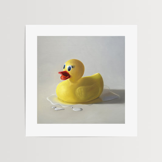 Rubber Ducky Splash Fine Art Print by Lauren Pretorius: a rubber ducky resting on a light surface surrounded by water droplets with some nice dramatic lighting.
