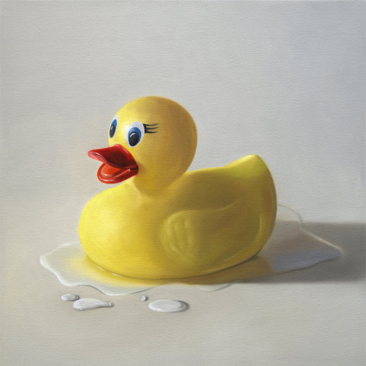 Realistic fine art print of a yellow rubber ducky melting into a white puddle on a light background.