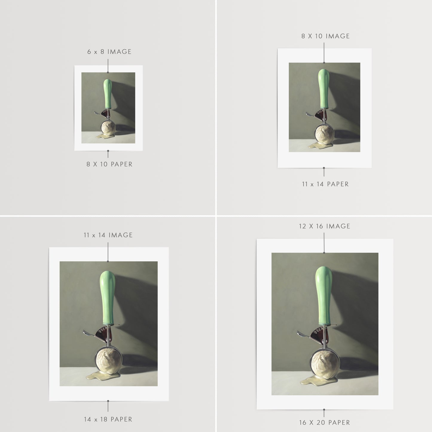 Scoop of Vanilla Fine Art Print by Lauren Pretorius: a vintage ice cream scoop filled with melting vanilla ice cream, set against a softly-lit backdrop of shadows and dramatic lighting.