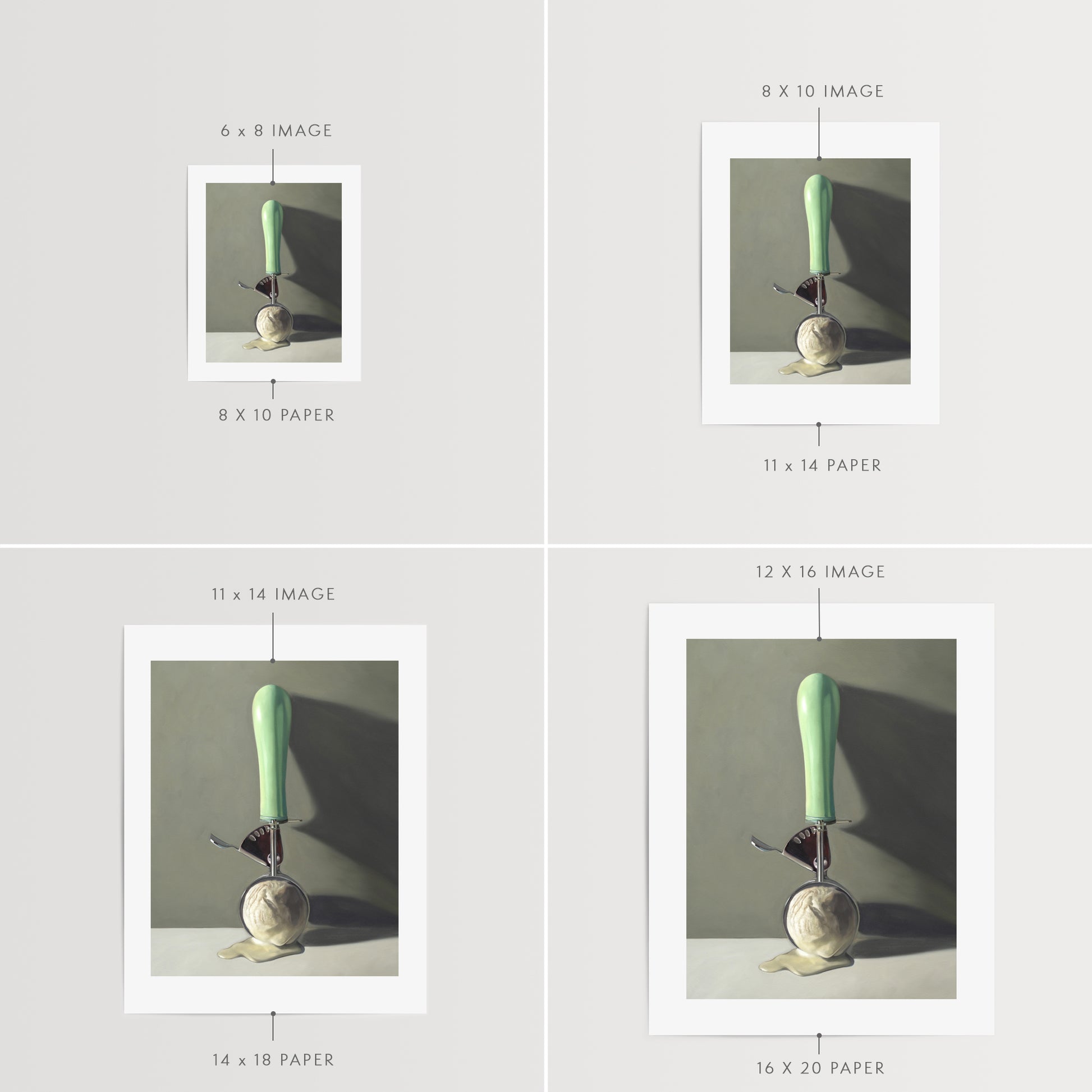 Scoop of Vanilla Fine Art Print by Lauren Pretorius: a vintage ice cream scoop filled with melting vanilla ice cream, set against a softly-lit backdrop of shadows and dramatic lighting.