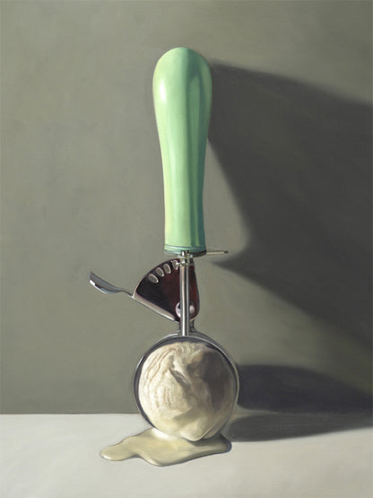Scoop of Vanilla Fine Art Print by Lauren Pretorius: a vintage ice cream scoop filled with melting vanilla ice cream, set against a softly-lit backdrop of shadows and dramatic lighting.