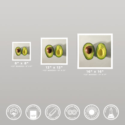 Three square art prints of sliced avocados, varying in size, with white borders.