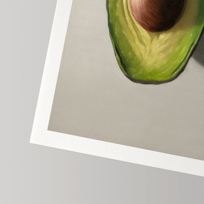 Vibrant green sliced avocado fine art print on museum-grade cotton rag paper with a white border.
