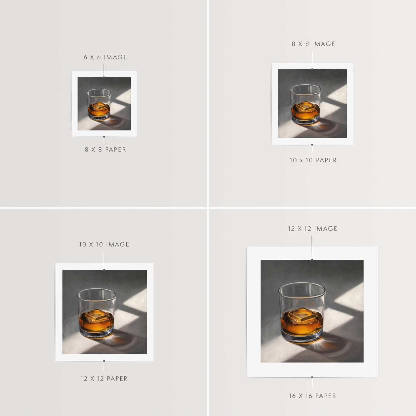 Smooth Whiskey Fine Art Print by Lauren Pretorius: a glass of whiskey with a single clear ice cube resting on a neutral surface with dramatic lighting from a window.