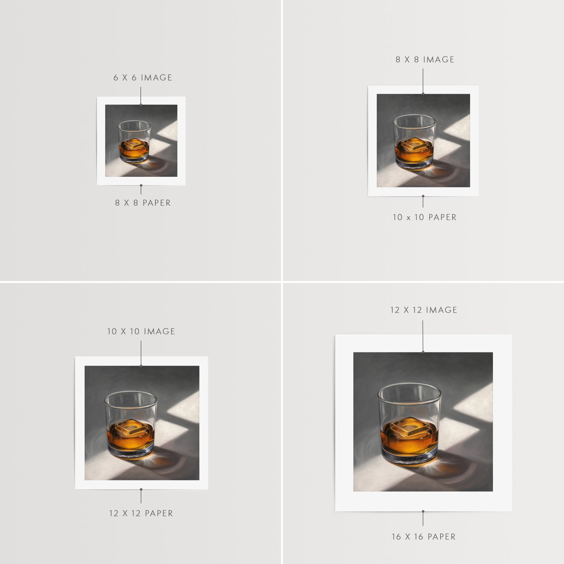 Smooth Whiskey Fine Art Print by Lauren Pretorius: a glass of whiskey with a single clear ice cube resting on a neutral surface with dramatic lighting from a window.