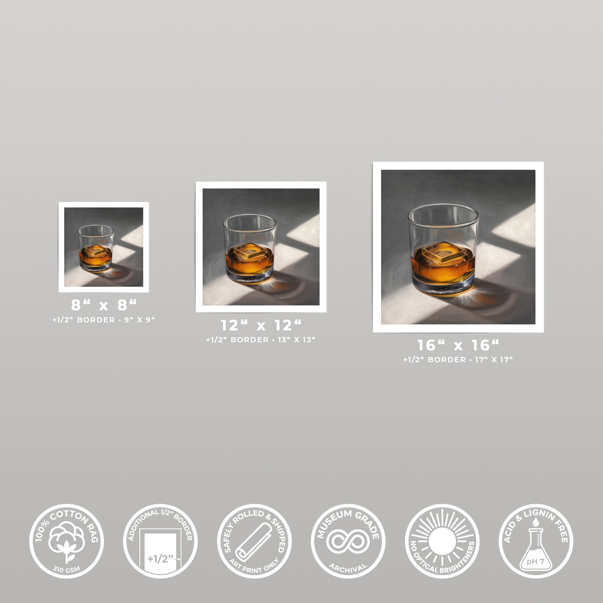 Three square art prints of a whiskey glass with ice, showing different sizes and border details.