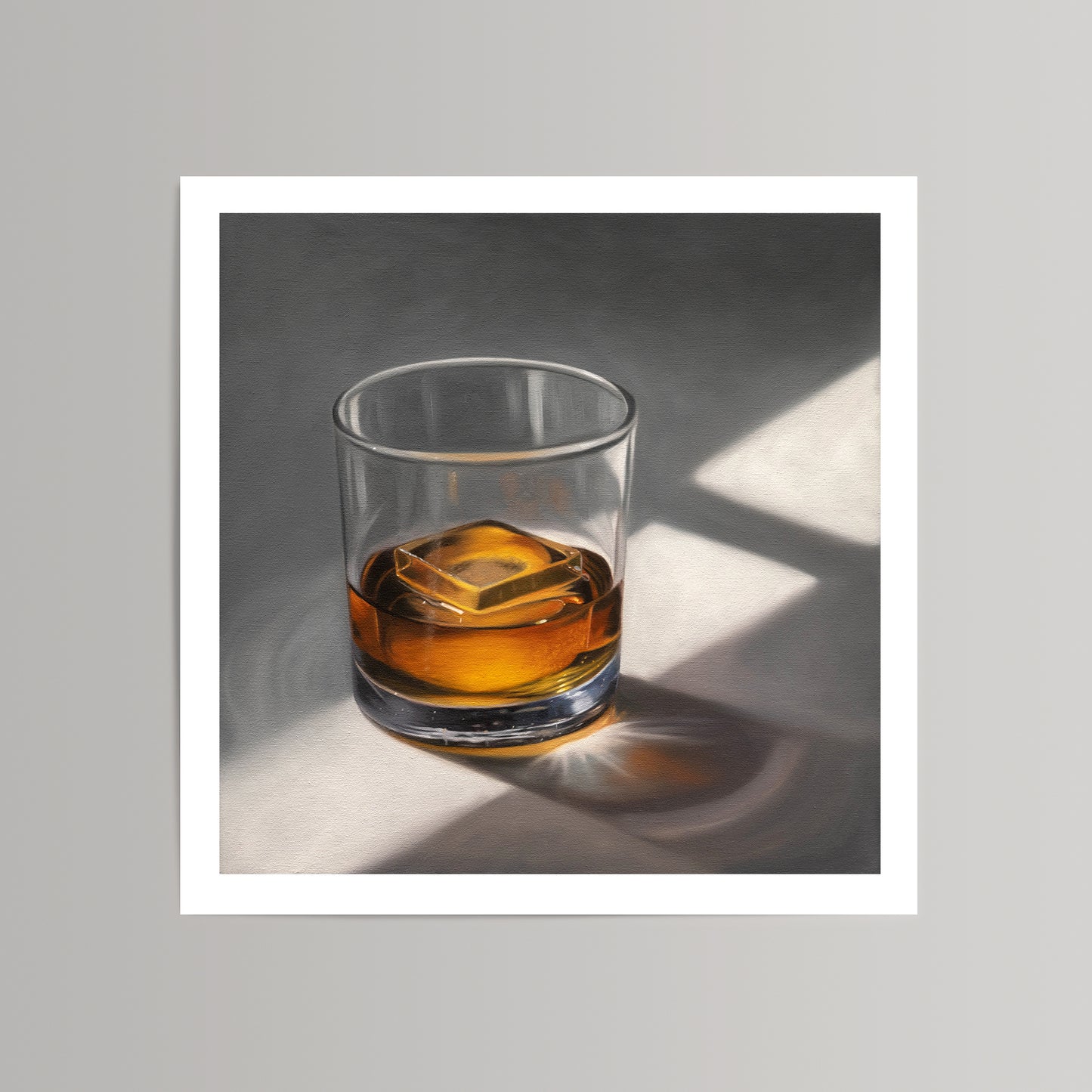 Realistic art print of a glass of amber whiskey with a single ice cube, casting dramatic shadows.
