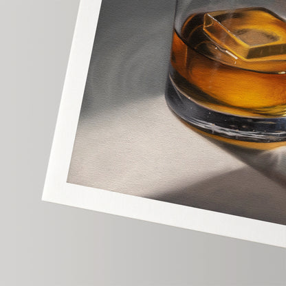 Smooth Whiskey fine art print showing a glass of amber whiskey with an ice cube, on textured paper.