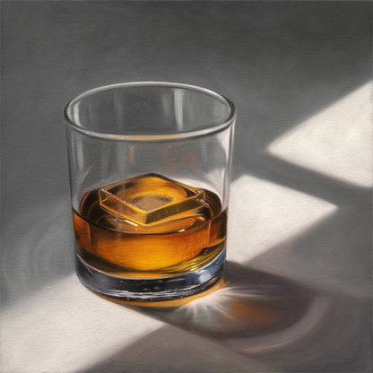 Realistic art print of a glass of amber whiskey with a single clear ice cube, casting shadows.