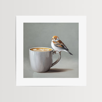 Snow Bunting & Latte Fine Art Print by Lauren Pretorius: a snow bunting perched on the handle of a white cup of coffee.