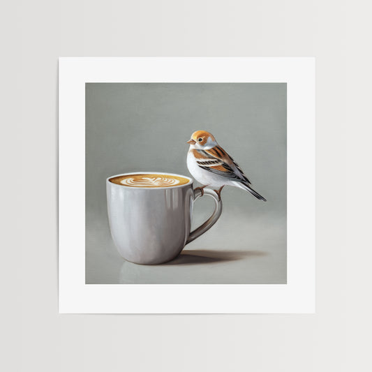 Snow Bunting & Latte Fine Art Print by Lauren Pretorius: a snow bunting perched on the handle of a white cup of coffee.