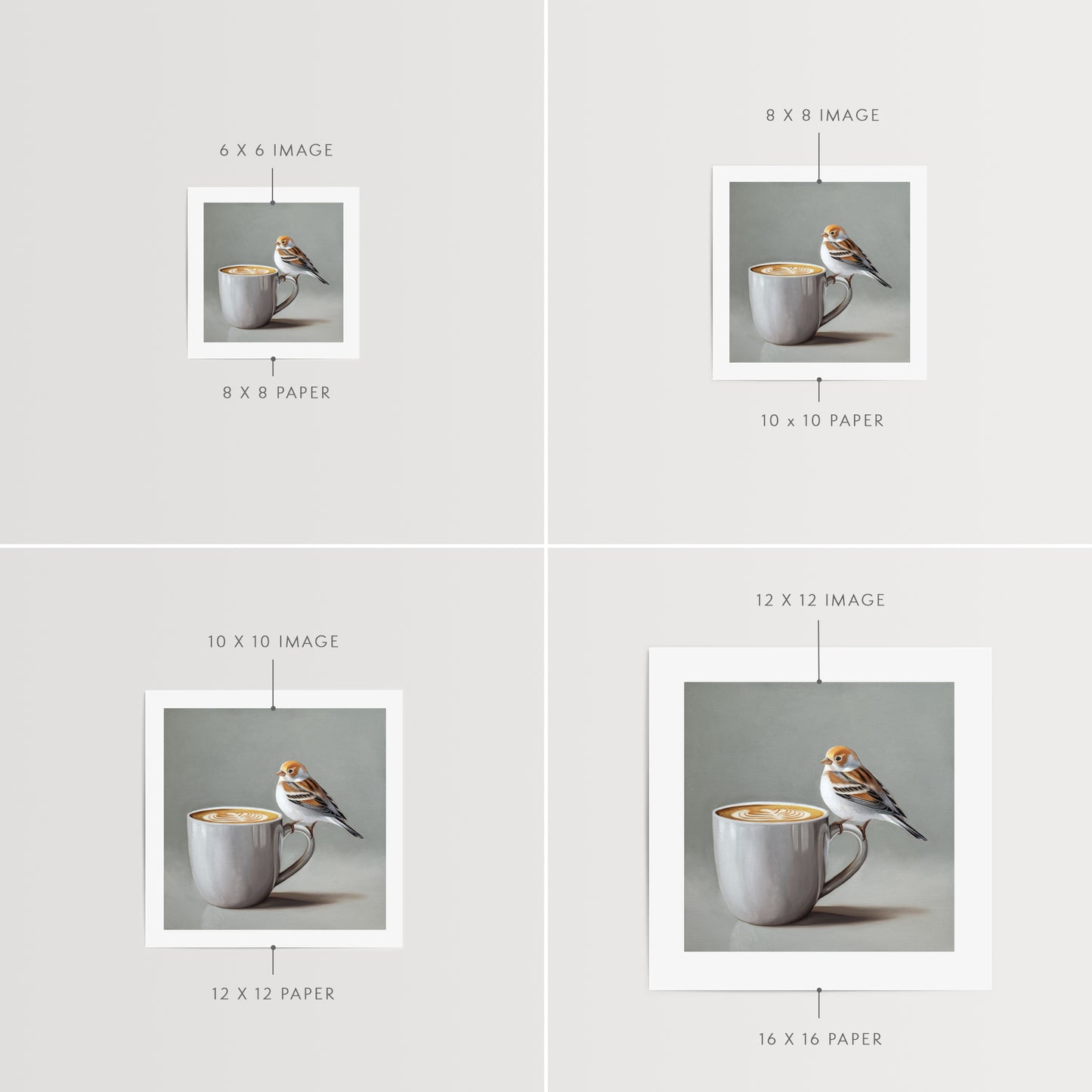 Snow Bunting & Latte Fine Art Print by Lauren Pretorius: a snow bunting perched on the handle of a white cup of coffee.